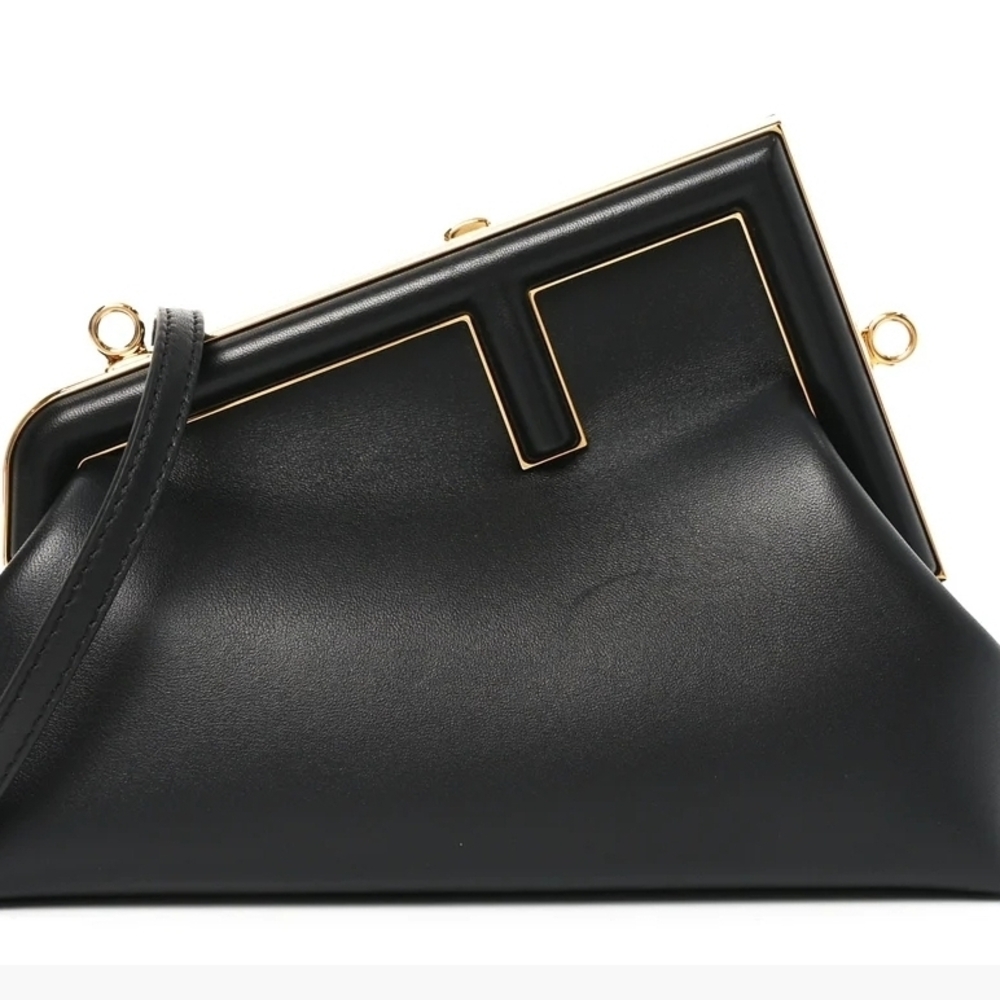 Fendi Black Small First Leather Clutch with Gold Accents W/dust Bag